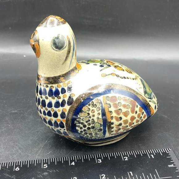 Handmade Mexican Tonala Painted Folk Art Glazed Pottery Bird Statue - 5" - Picture 4 of 6